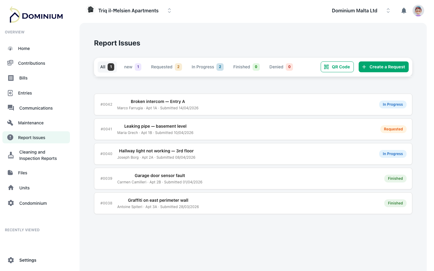 Dominium resident portal — issue reporting and client view